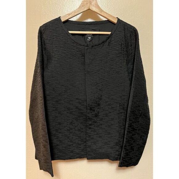 EILEEN FISHER Open Jacket 100% Silk Black Crinkle Open Magnet Closure Women's S - Picture 3 of 16